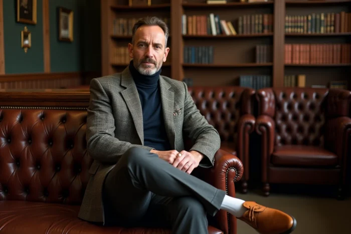 Homme en veste tweed et col roulé marine dans un club anglais traditionnel, élégance masculine britannique