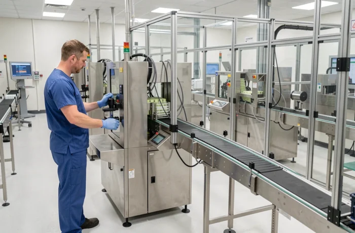 Technicien pharmaceutique opérant une machine de conditionnement robotisée dans une salle blanche de production de médicaments