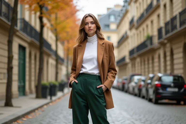 Femme élégante portant un blazer camel oversize et un pantalon large vert forêt dans une rue parisienne pavée en automne, tendances mode saison