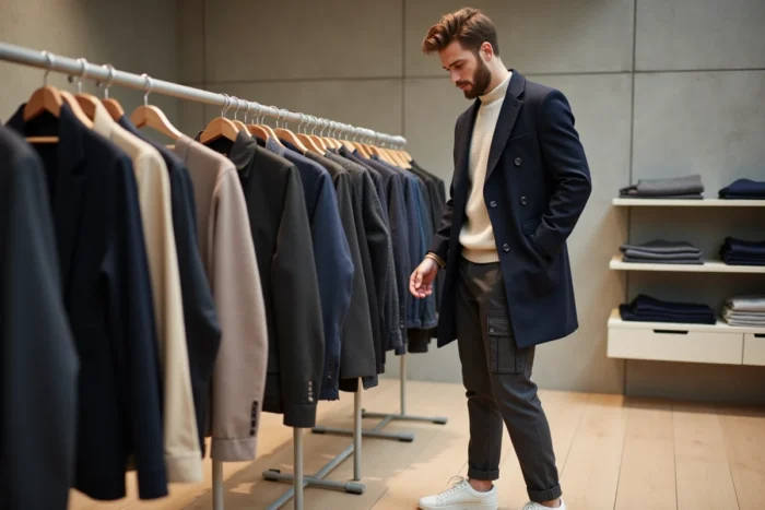 Homme en manteau marine double boutonnage et pull en maille crème dans un concept store minimaliste, tendances mode masculine automne-hiver