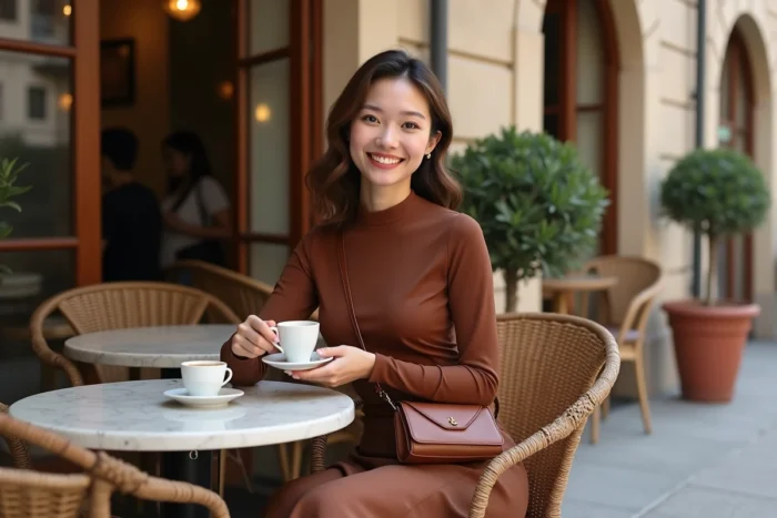 Femme en tenue monochrome marron chocolat avec jupe midi satin et sac en cuir structuré attablée à une terrasse de café élégante, tendances mode saison