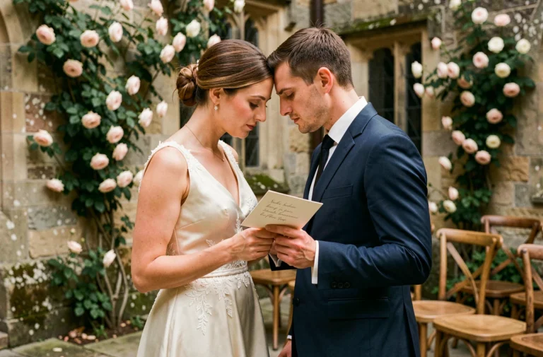 Mariés partageant un texte d'amour manuscrit dans une cour de chapelle en pierre le jour de leur mariage