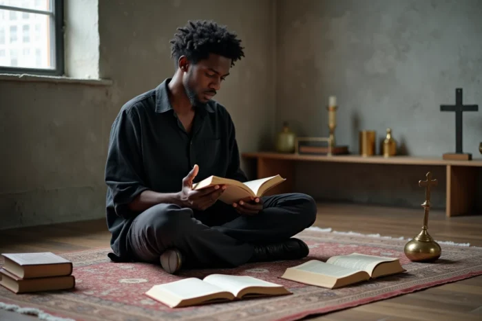 Jeune homme étudiant des livres de théologie et de philosophie spirituelle dans un appartement minimaliste, référence aux croyances de The Weeknd