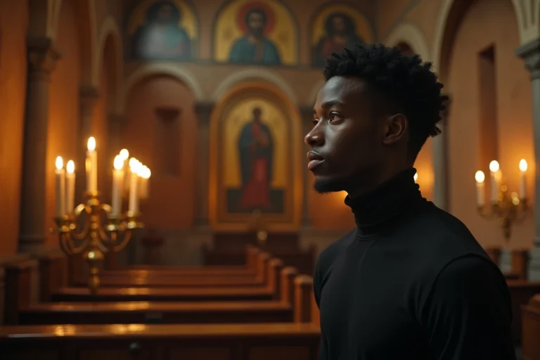 Homme contemplant une icône byzantine dans une église orthodoxe éthiopienne, évoquant les influences spirituelles de The Weeknd