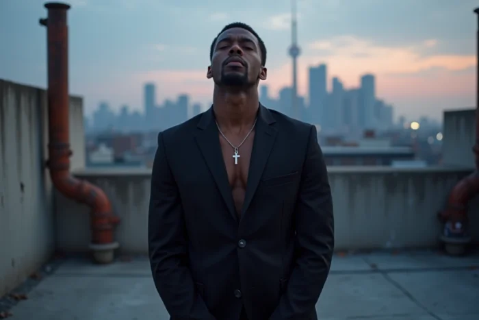 Homme en prière méditatif sur un toit urbain avec croix éthiopienne orthodoxe, symbolisant la spiritualité de The Weeknd à Toronto