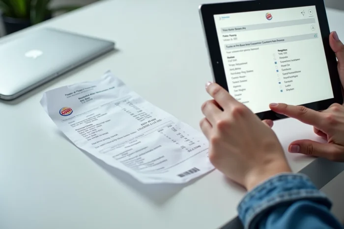 Ticket de caisse Burger King posé à côté d'une tablette affichant le formulaire de questionnaire bkvousecoute.fr