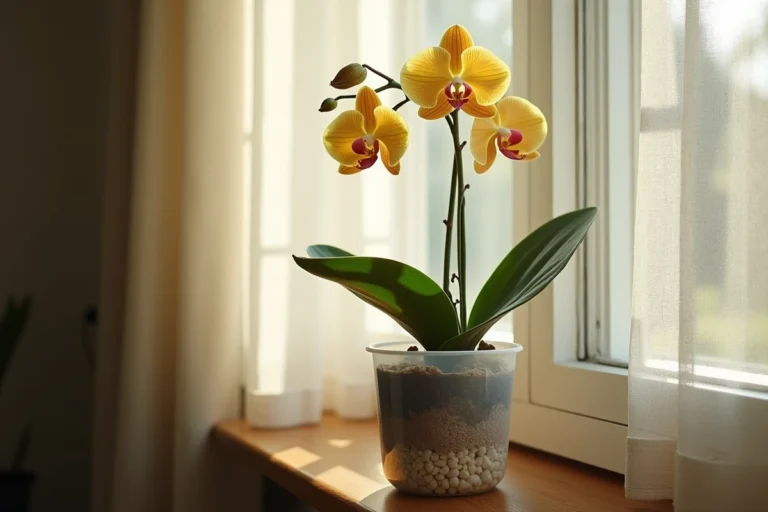 Tige d'orchidée qui jaunit dans un pot transparent posé sur un rebord de fenêtre en bois, close-up révélant les signes de jaunissement et les racines visibles