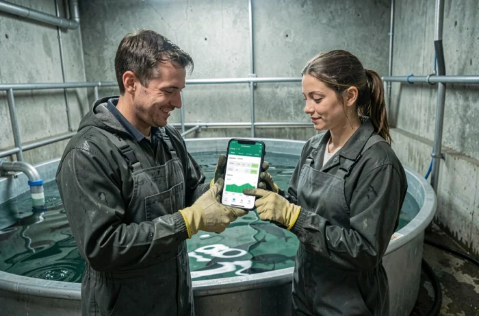 Deux travailleurs en pisciculture utilisant une application mobile pour le suivi numérique des stocks de poissons dans un bassin intérieur