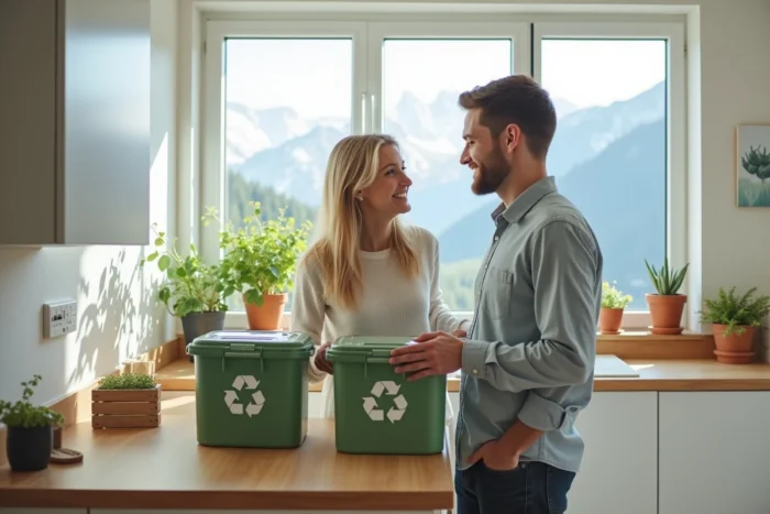 Couple triant leurs déchets dans des bacs de recyclage colorés dans une cuisine suisse moderne et écologique
