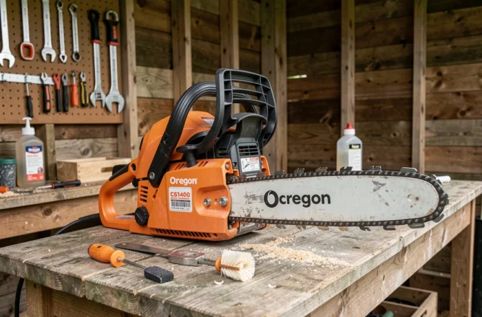 Tronçonneuse Oregon CS1400 posée sur un établi en bois avec accessoires d'entretien dans un atelier