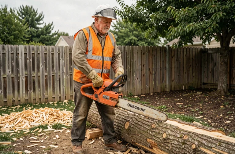 Homme équipé utilisant une tronçonneuse électrique Oregon CS1400 pour couper un tronc dans un jardin