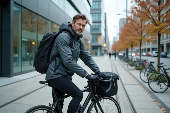 Homme attachant ses sacoches sur son vélo de ville devant un immeuble moderne à Zurich pour un trajet écologique