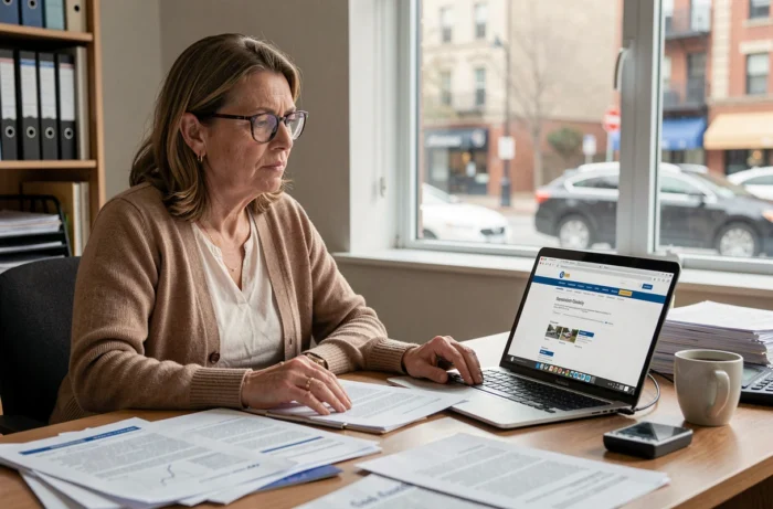Femme vérifiant le statut juridique d'une entreprise fermée sur un site officiel depuis son bureau