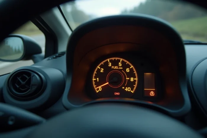 Tableau de bord d'une Renault Twingo avec le voyant de réserve d'essence allumé et la jauge à zéro