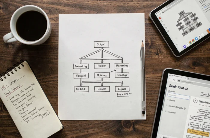 Vue aérienne d'un bureau avec un croquis de plan de site web, une tablette et des outils de planification UX